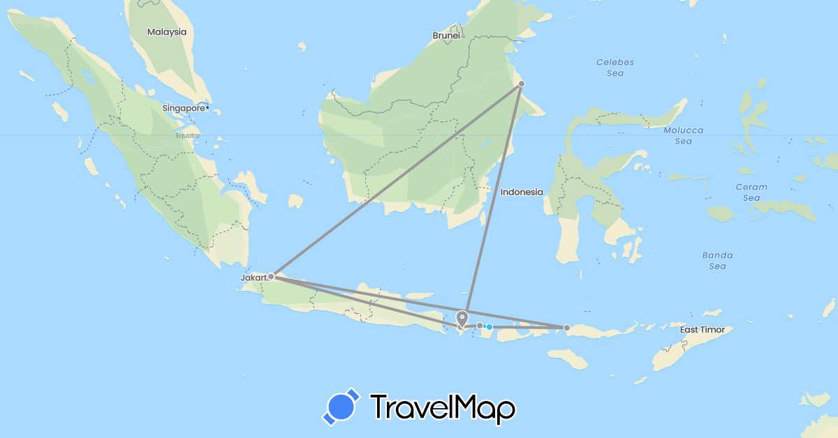 TravelMap itinerary: plane, boat in Indonesia (Asia)
